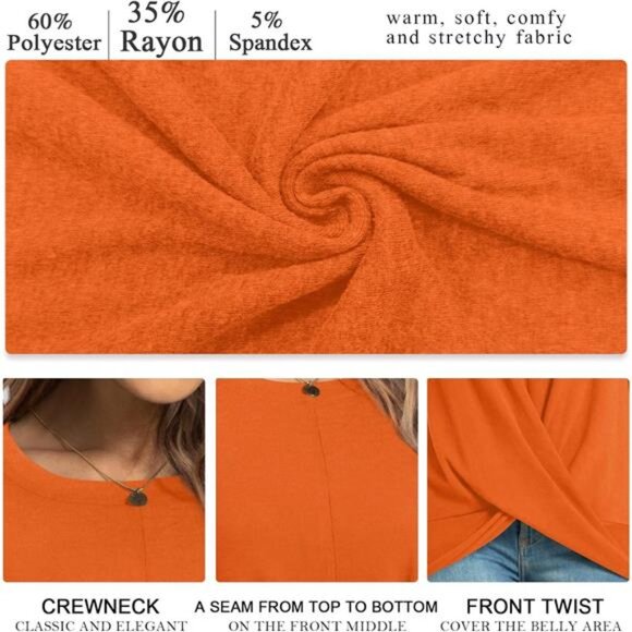 Women’s Long Sleeve Tunic – Casual Crewneck Twist Front Tee - Picture 5 of 6